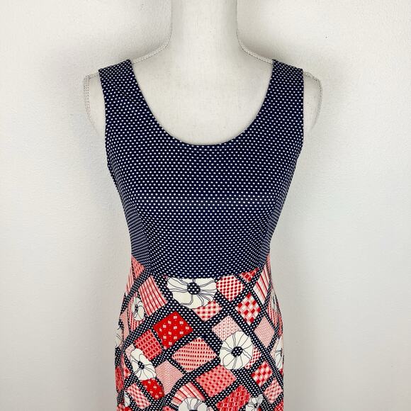 Vintage 70s Maxi Dress Sleeveless Groovy Polka Dot Floral Patchwork Blue Red - Picture 4 of 8